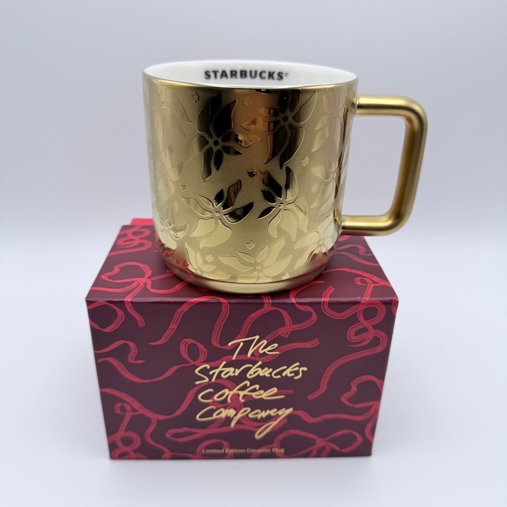 Starbucks 2025 Holiday Gold Embossed Poinsettia Ceramic Mug 14oz New In Box